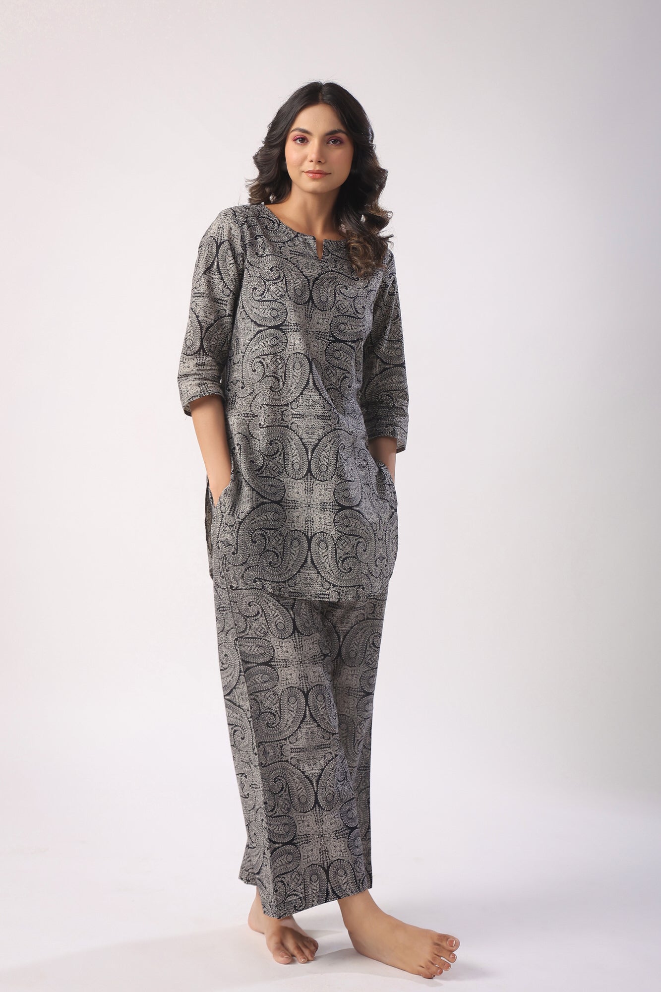 Paisley Print on Black Cotton Palazzo Loungewear Set