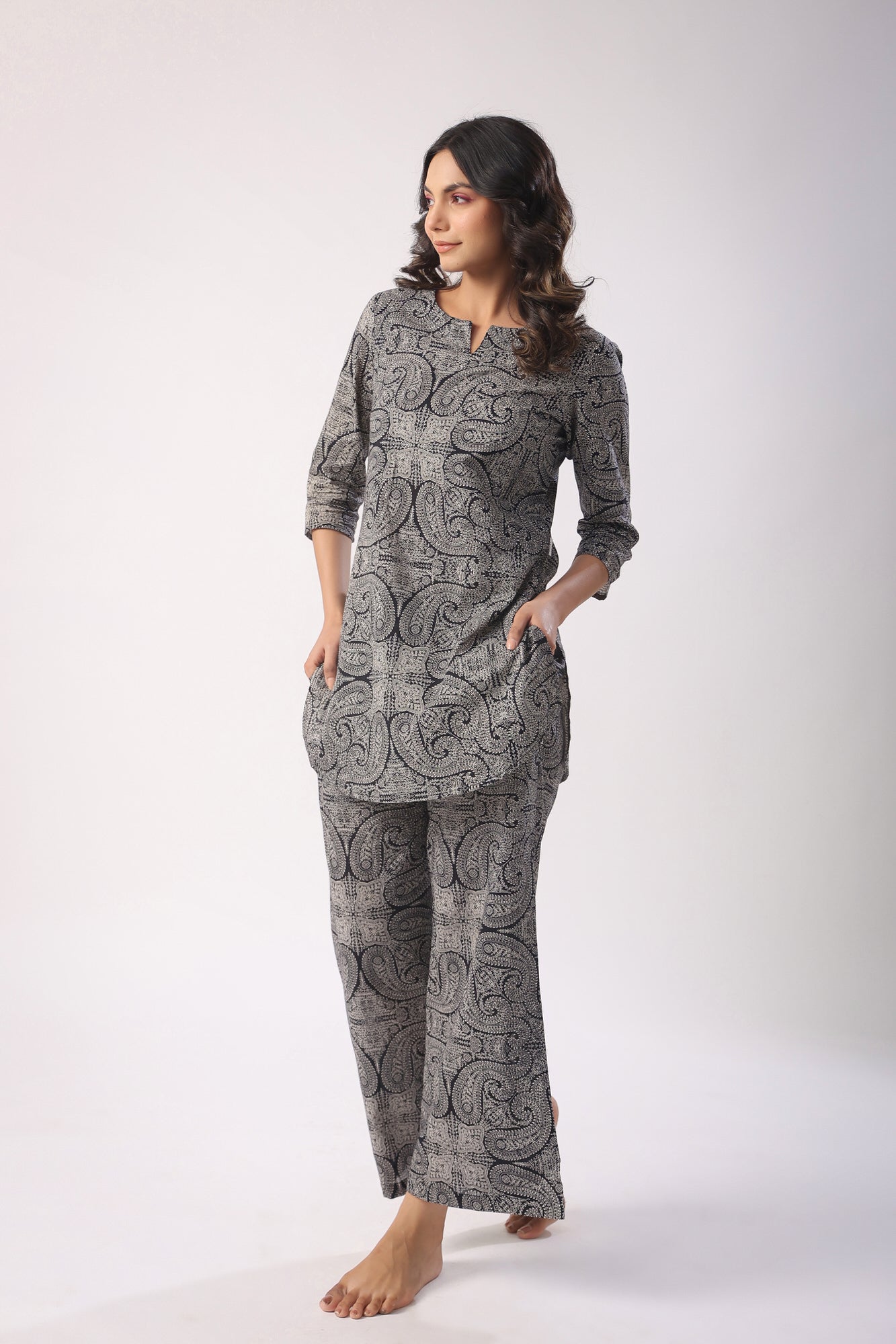 Paisley Print on Black Cotton Palazzo Loungewear Set