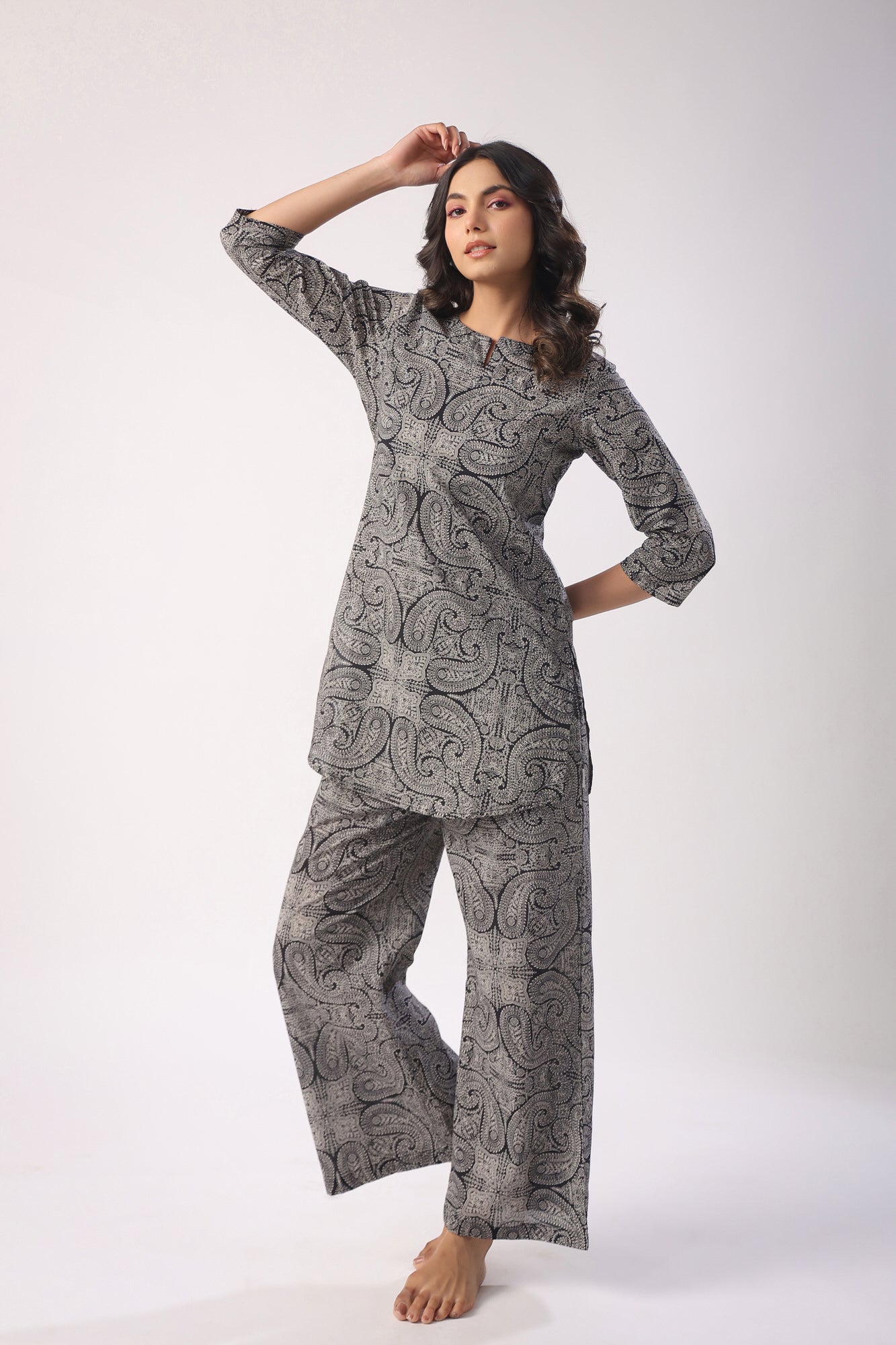 Paisley Print on Black Cotton Palazzo Loungewear Set