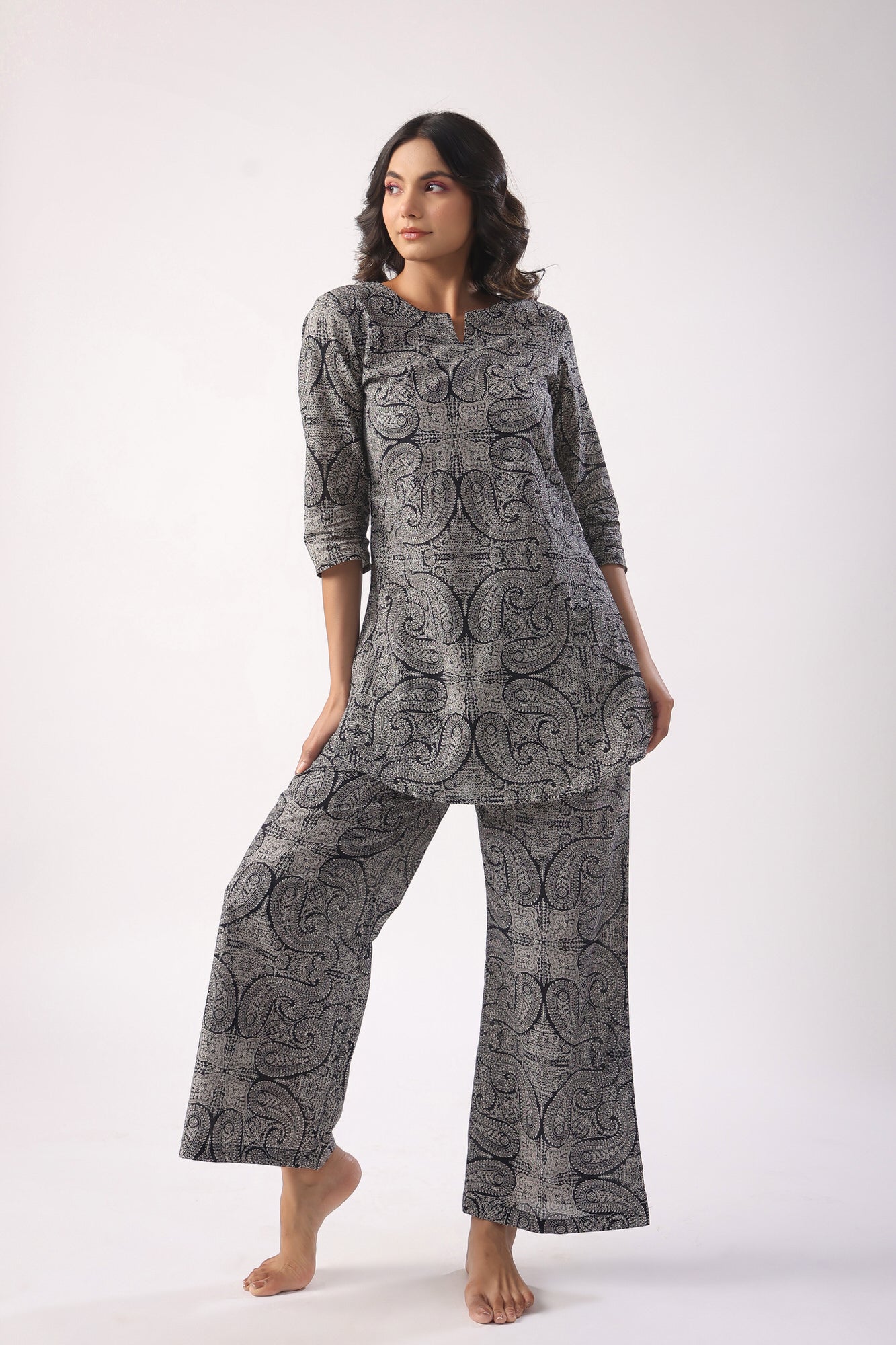 Paisley Print on Black Cotton Palazzo Loungewear Set