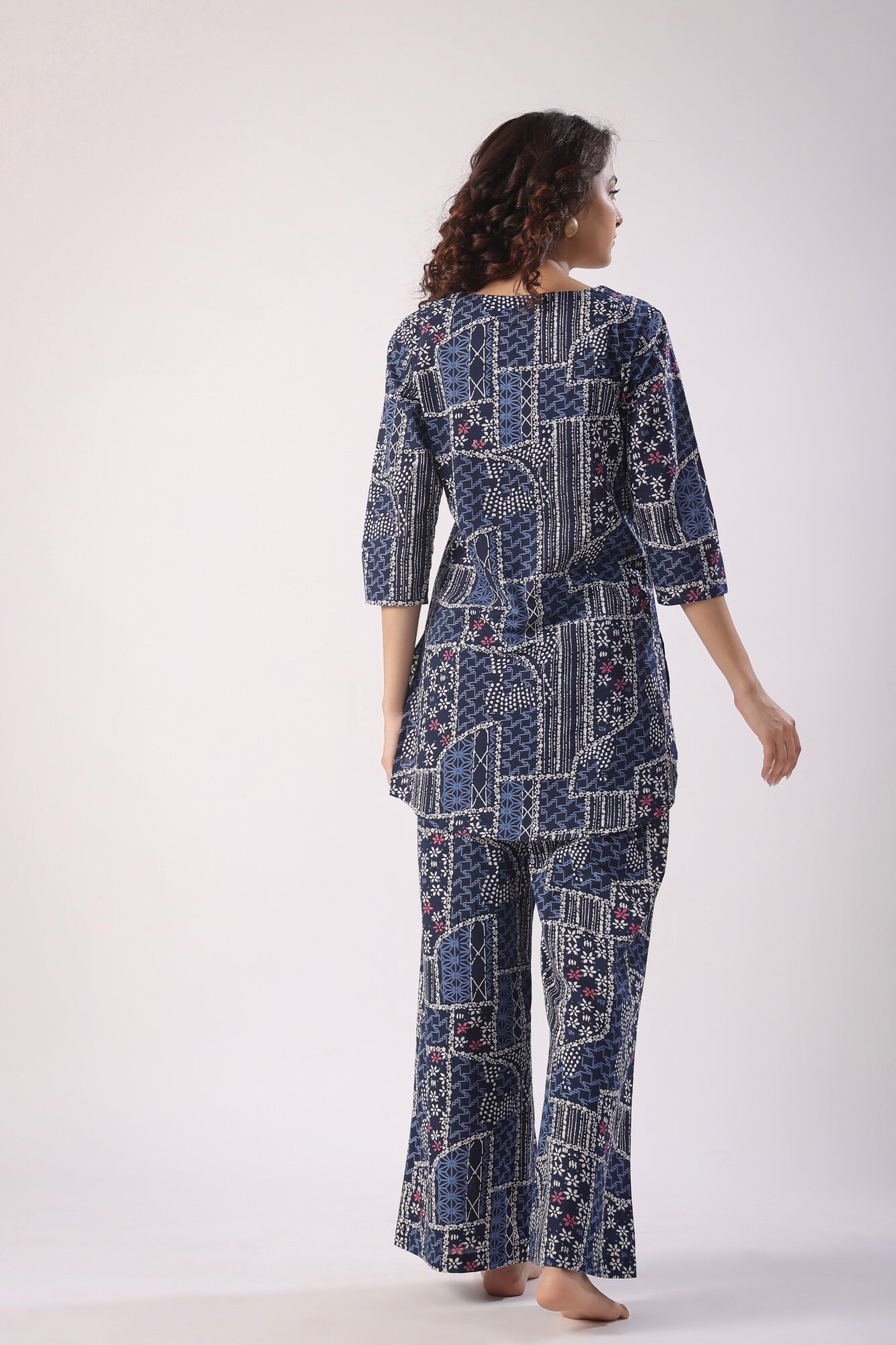 Doodle Art on Blue Cotton Palazzo Loungewear Set