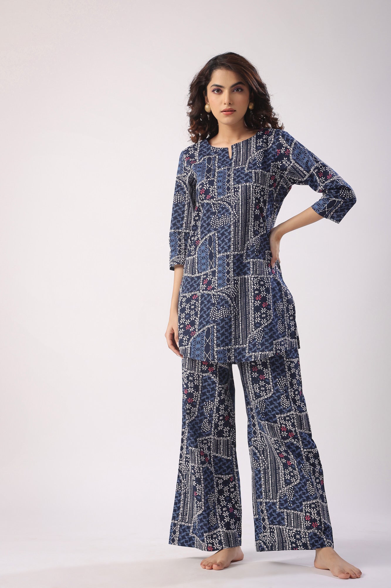 Doodle Art on Blue Cotton Palazzo Loungewear Set