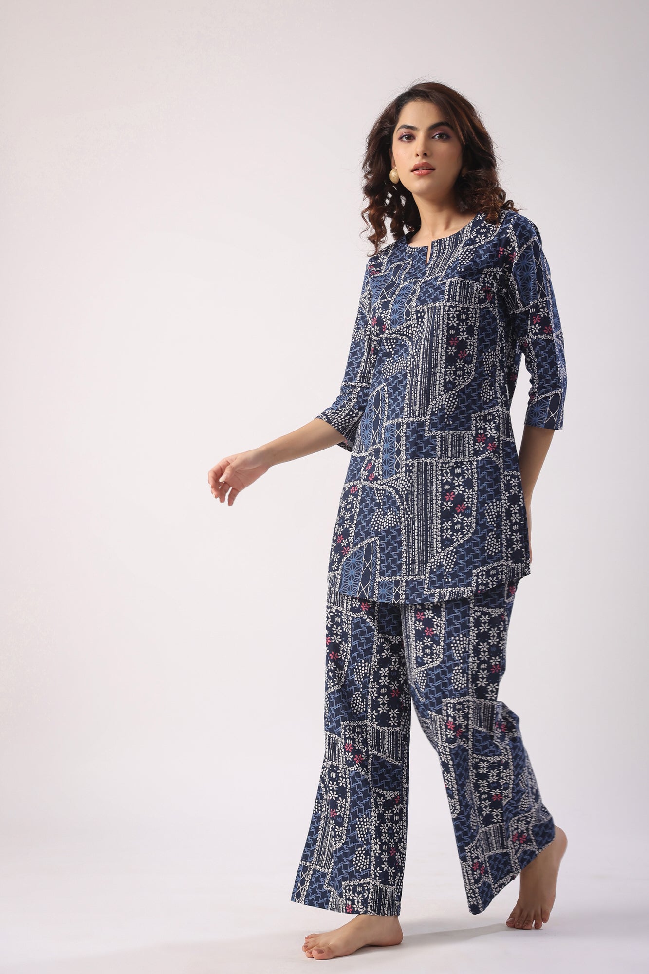 Doodle Art on Blue Cotton Palazzo Loungewear Set