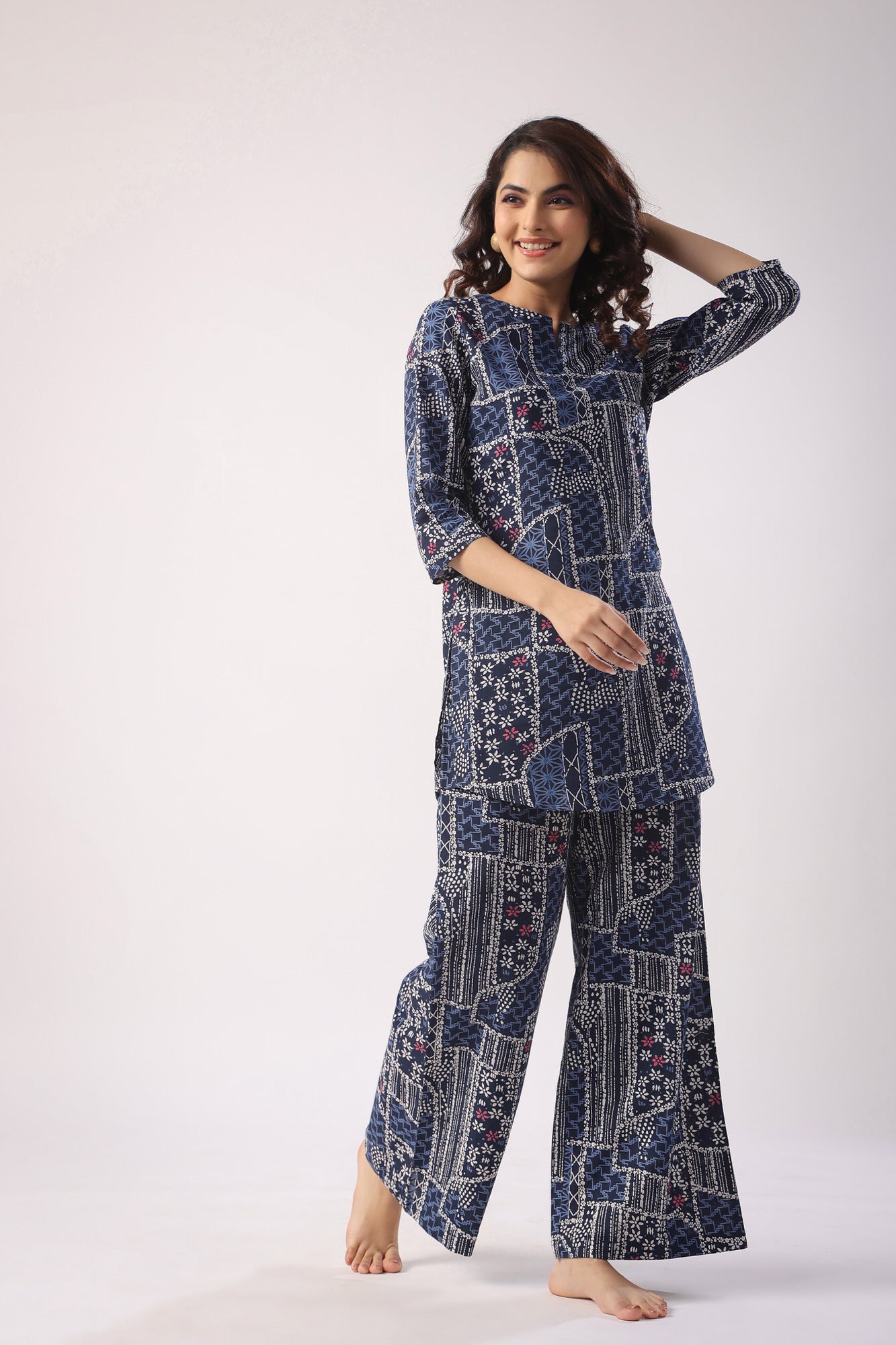 Doodle Art on Blue Cotton Palazzo Loungewear Set