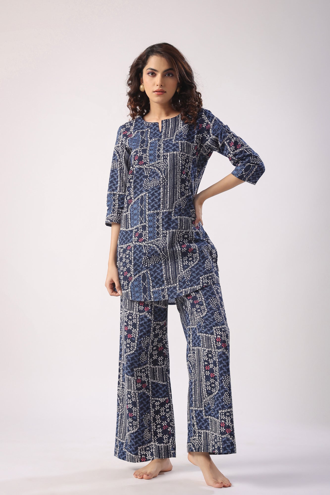 Doodle Art on Blue Cotton Palazzo Loungewear Set