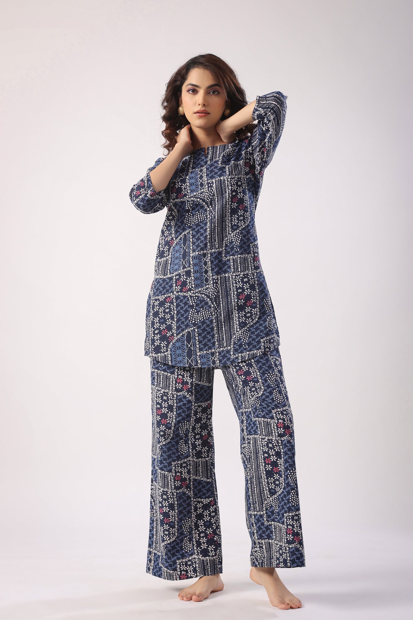 Doodle Art on Blue Cotton Palazzo Loungewear Set