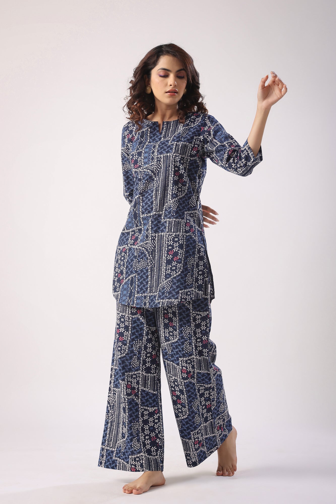 Doodle Art on Blue Cotton Palazzo Loungewear Set