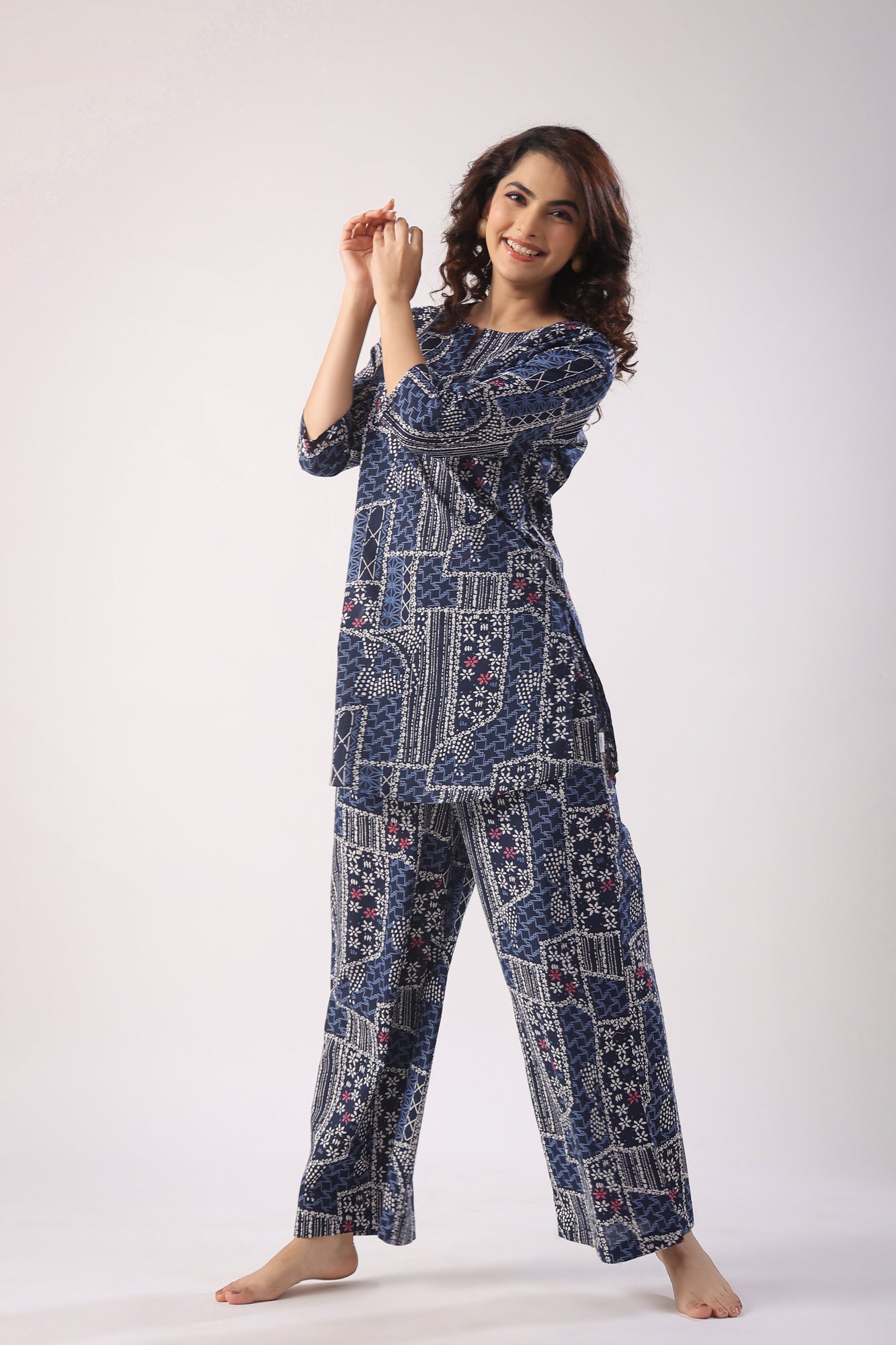 Doodle Art on Blue Cotton Palazzo Loungewear Set