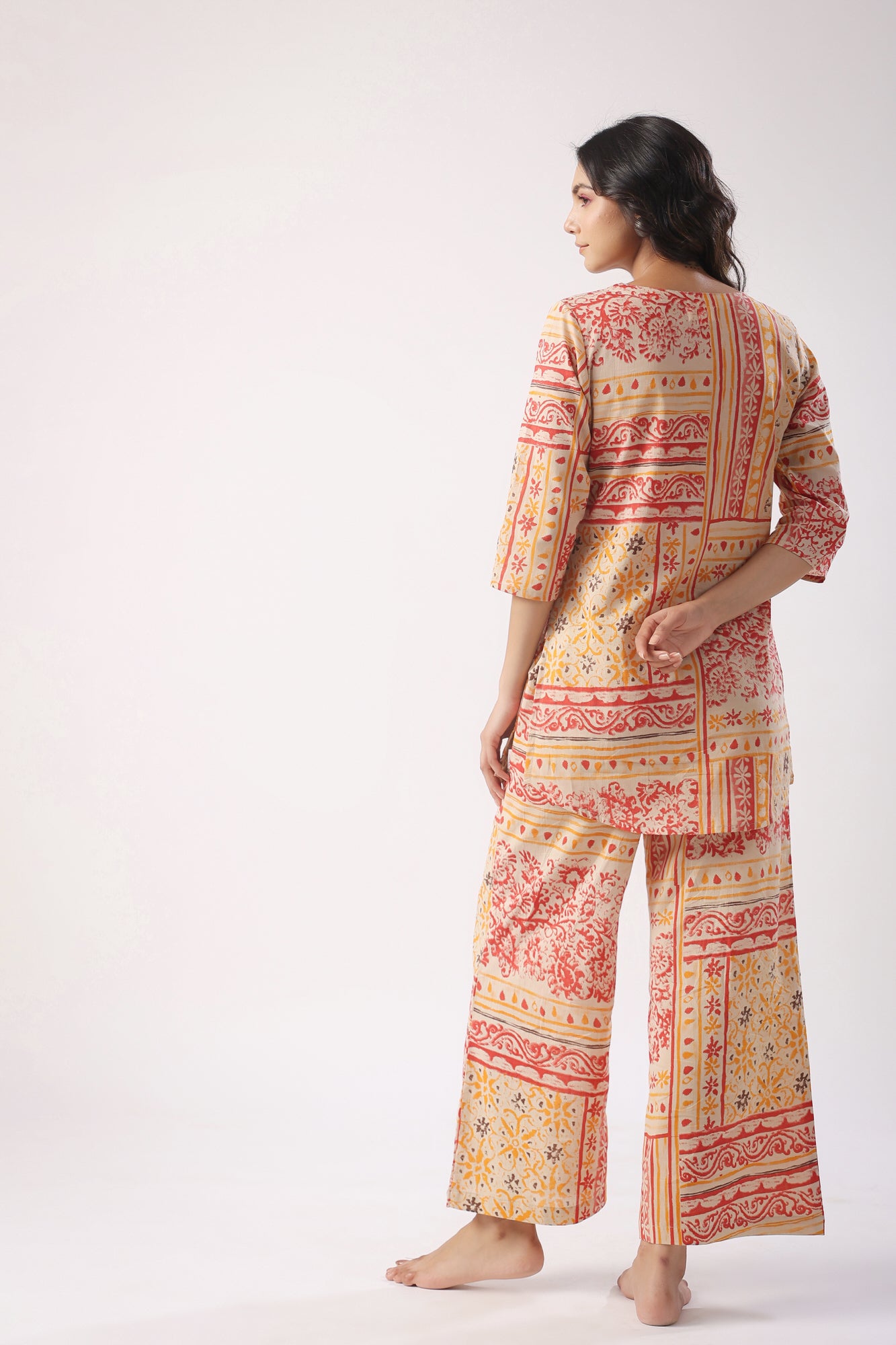 Doodle Patches on Beige Cotton Palazzo Loungewear Set