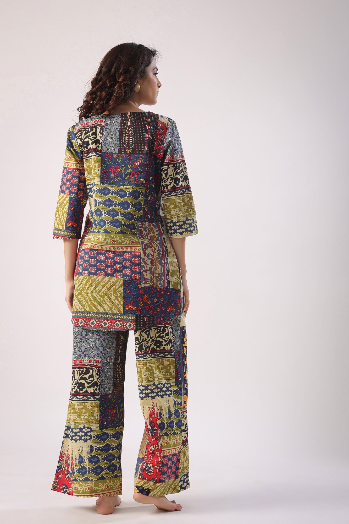 Patch Print on Blue Cotton Palazzo Loungewear Set