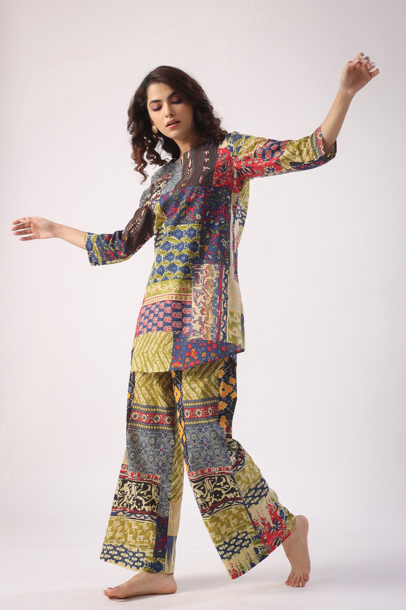 Patch Print on Blue Cotton Palazzo Loungewear Set