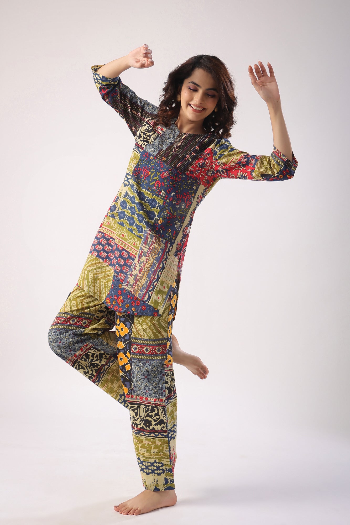 Patch Print on Blue Cotton Palazzo Loungewear Set