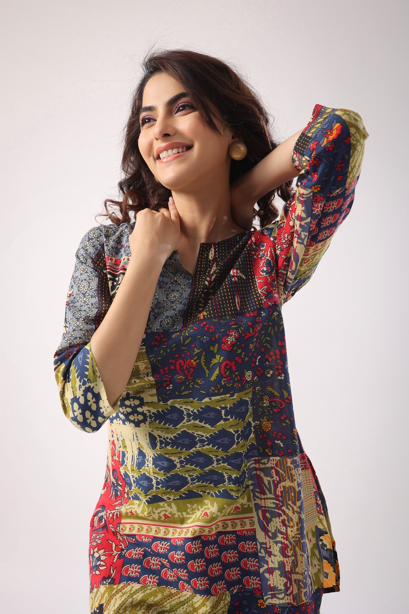 Patch Print on Blue Cotton Palazzo Loungewear Set