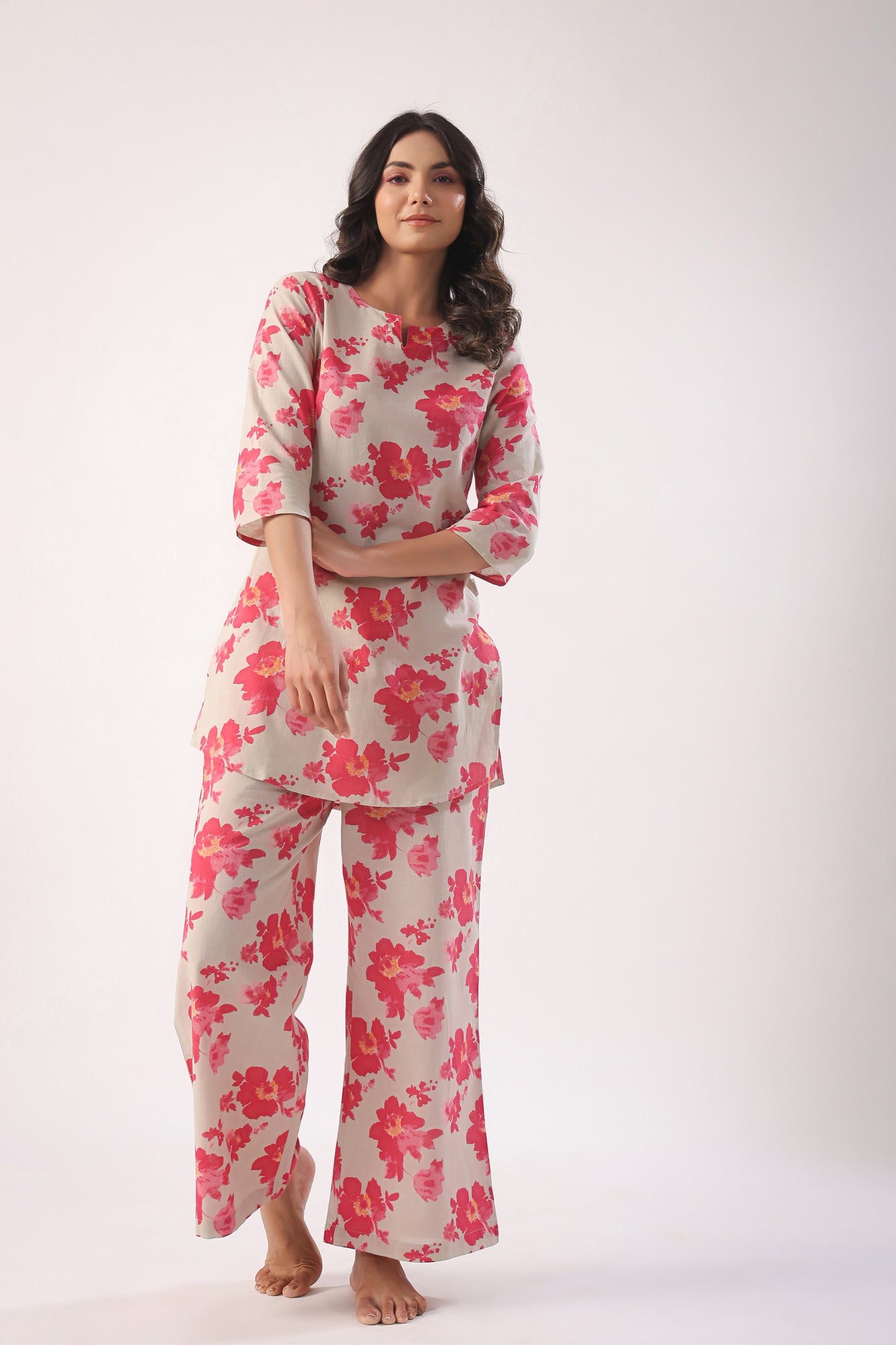 Pink Flowers on Light Green Cotton Palazzo Loungewear Set