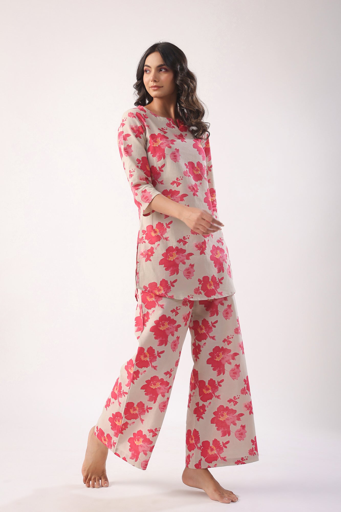 Pink Flowers on Light Green Cotton Palazzo Loungewear Set