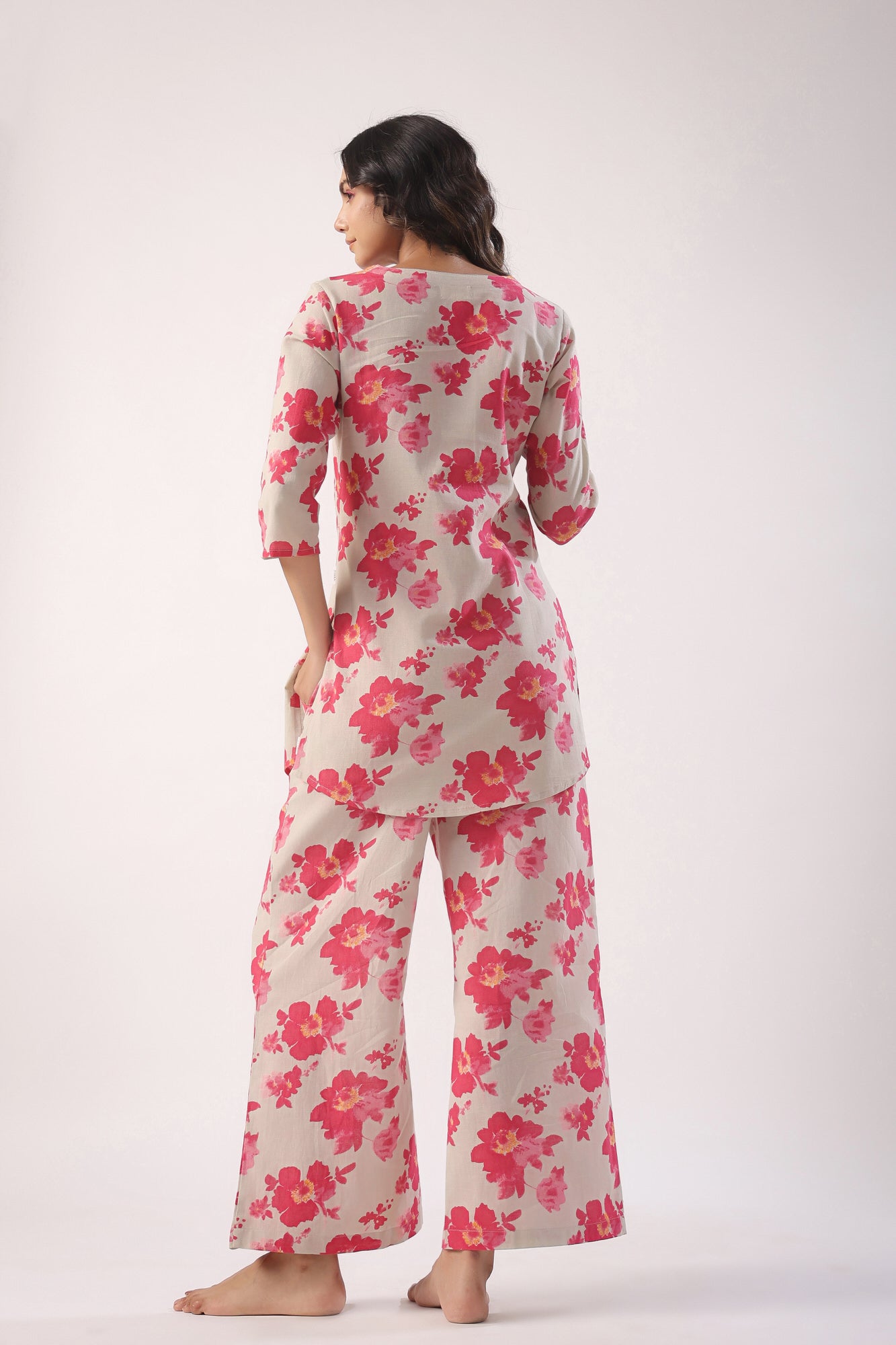 Pink Flowers on Light Green Cotton Palazzo Loungewear Set