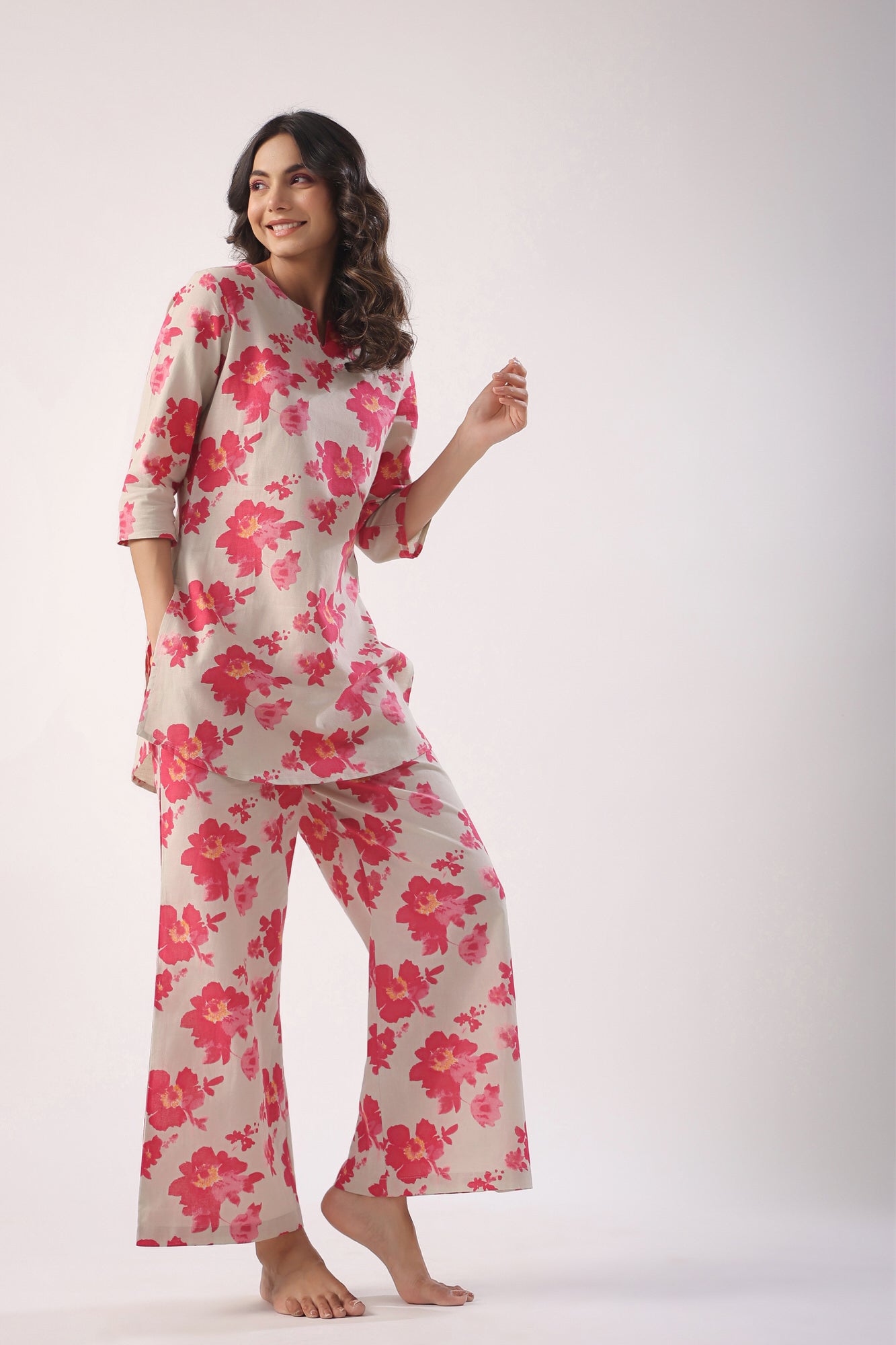 Pink Flowers on Light Green Cotton Palazzo Loungewear Set
