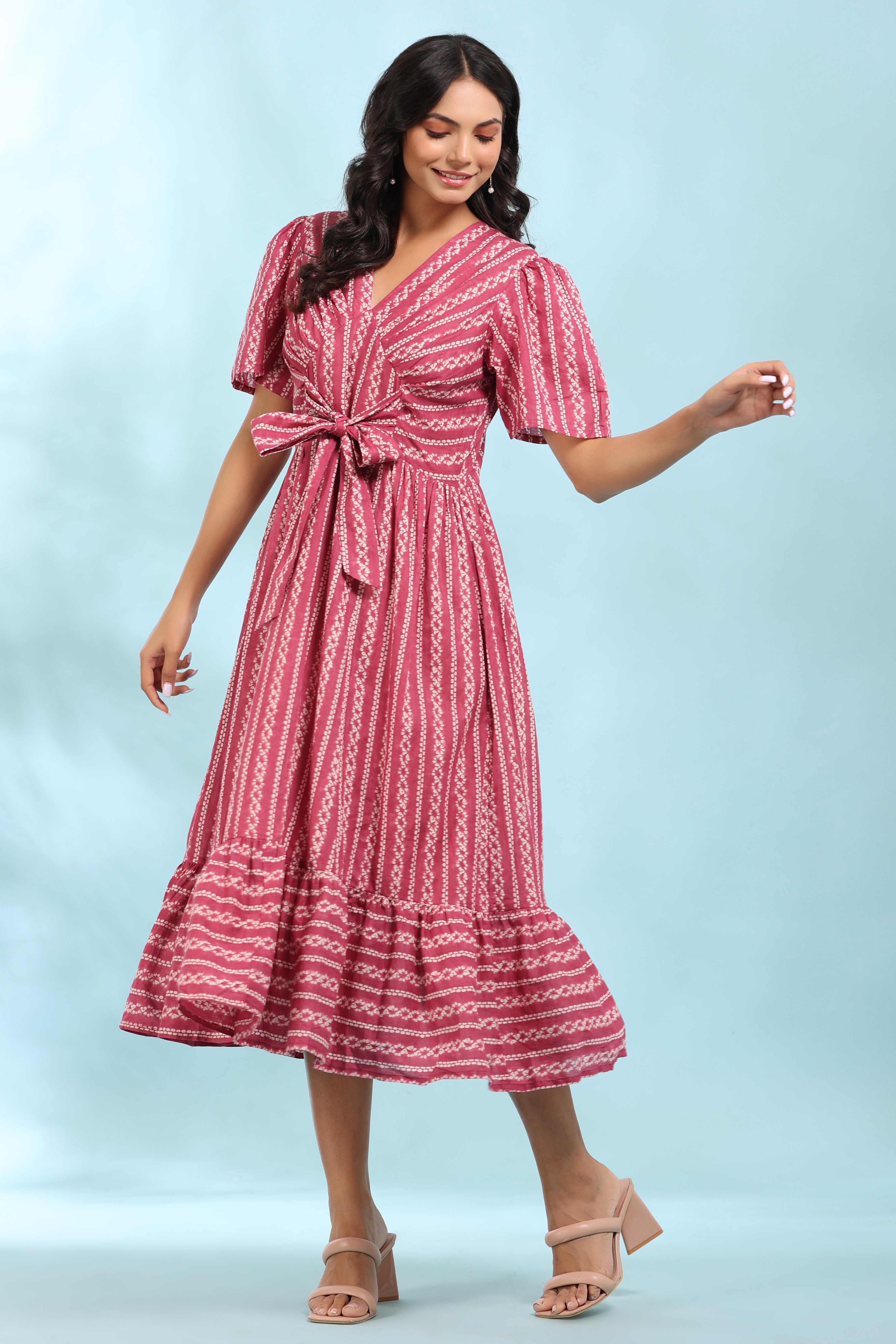 Front Bow Tie on Pink Shibori Cotton Dress