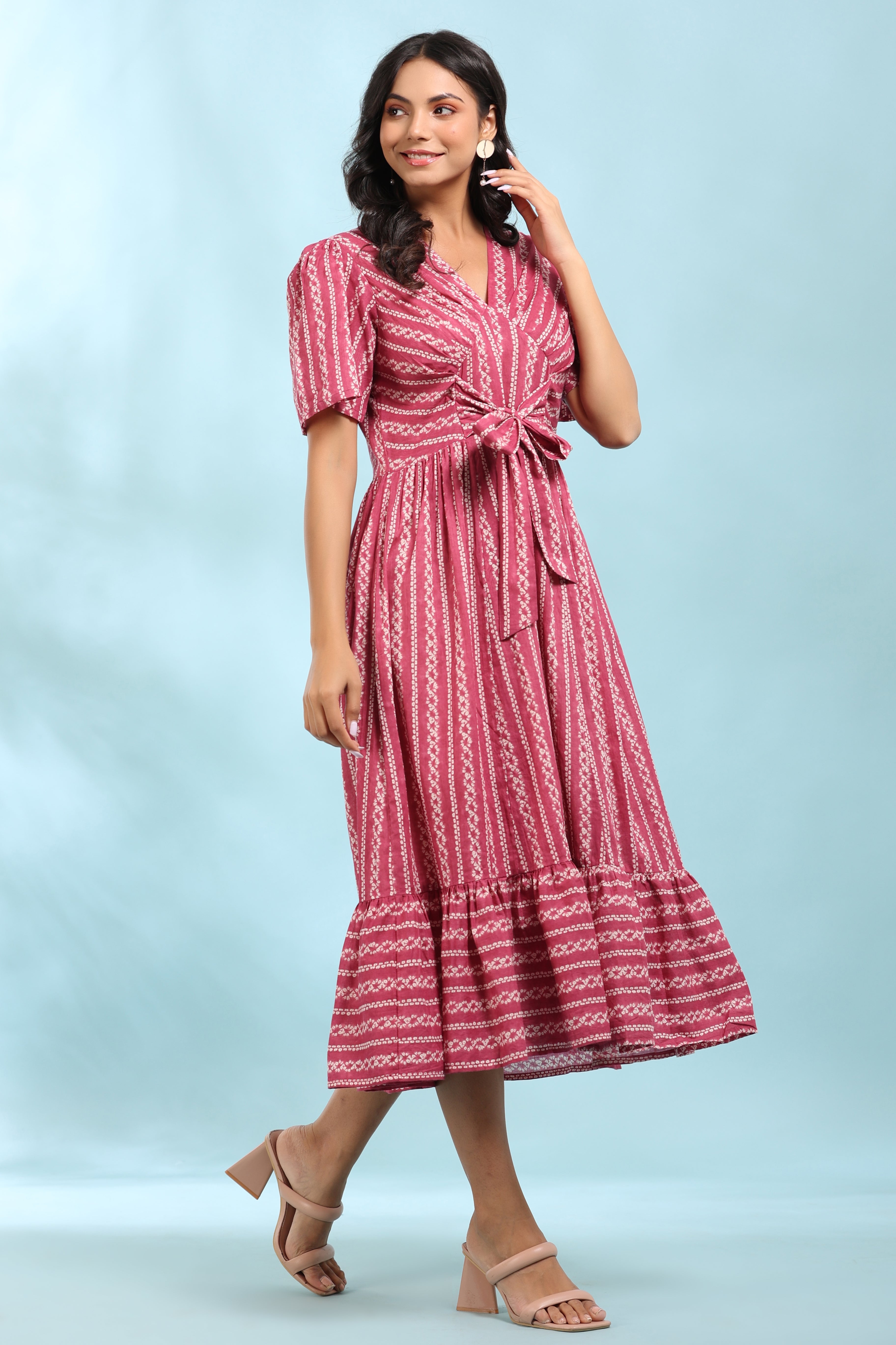 Front Bow Tie on Pink Shibori Cotton Dress