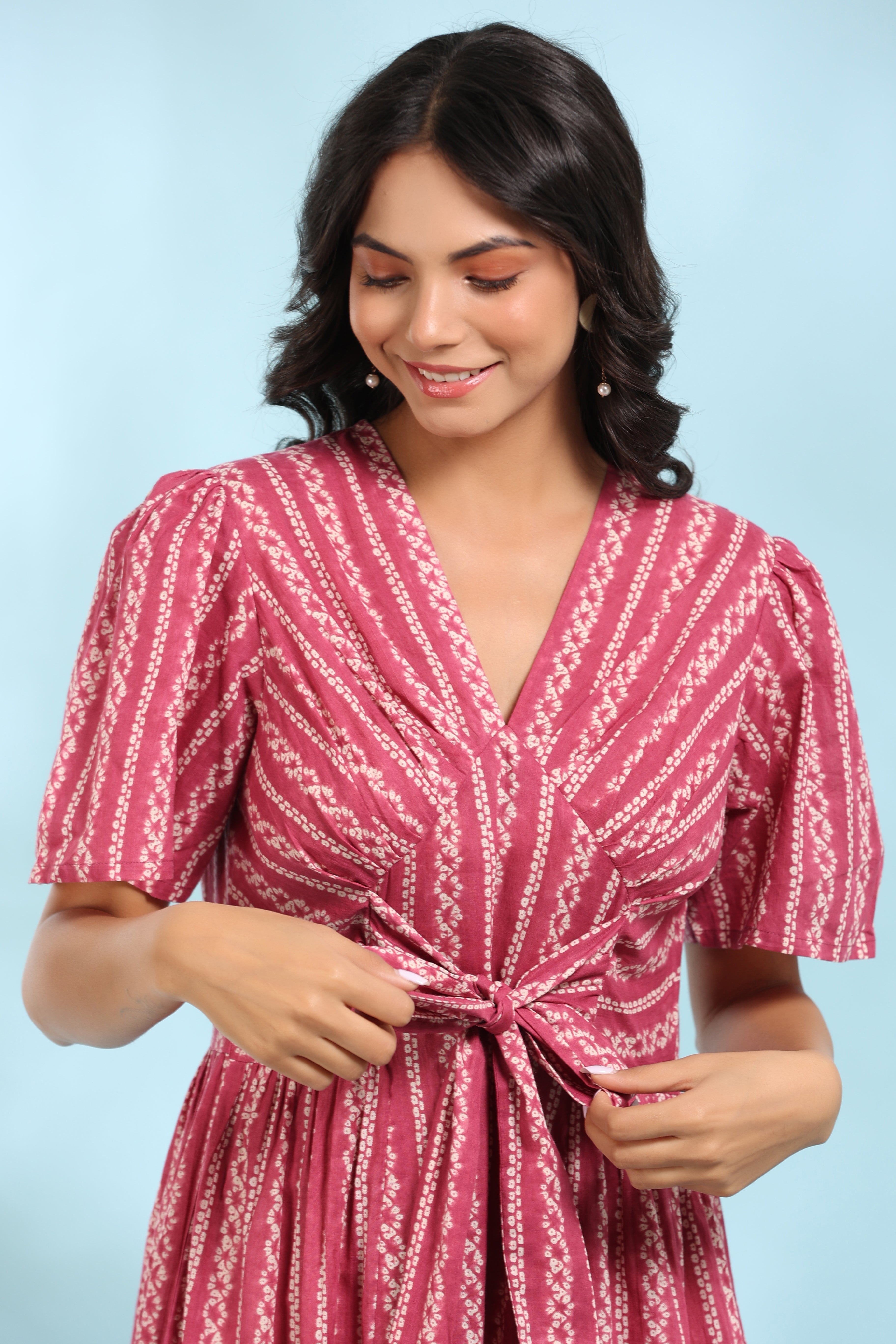 Front Bow Tie on Pink Shibori Cotton Dress