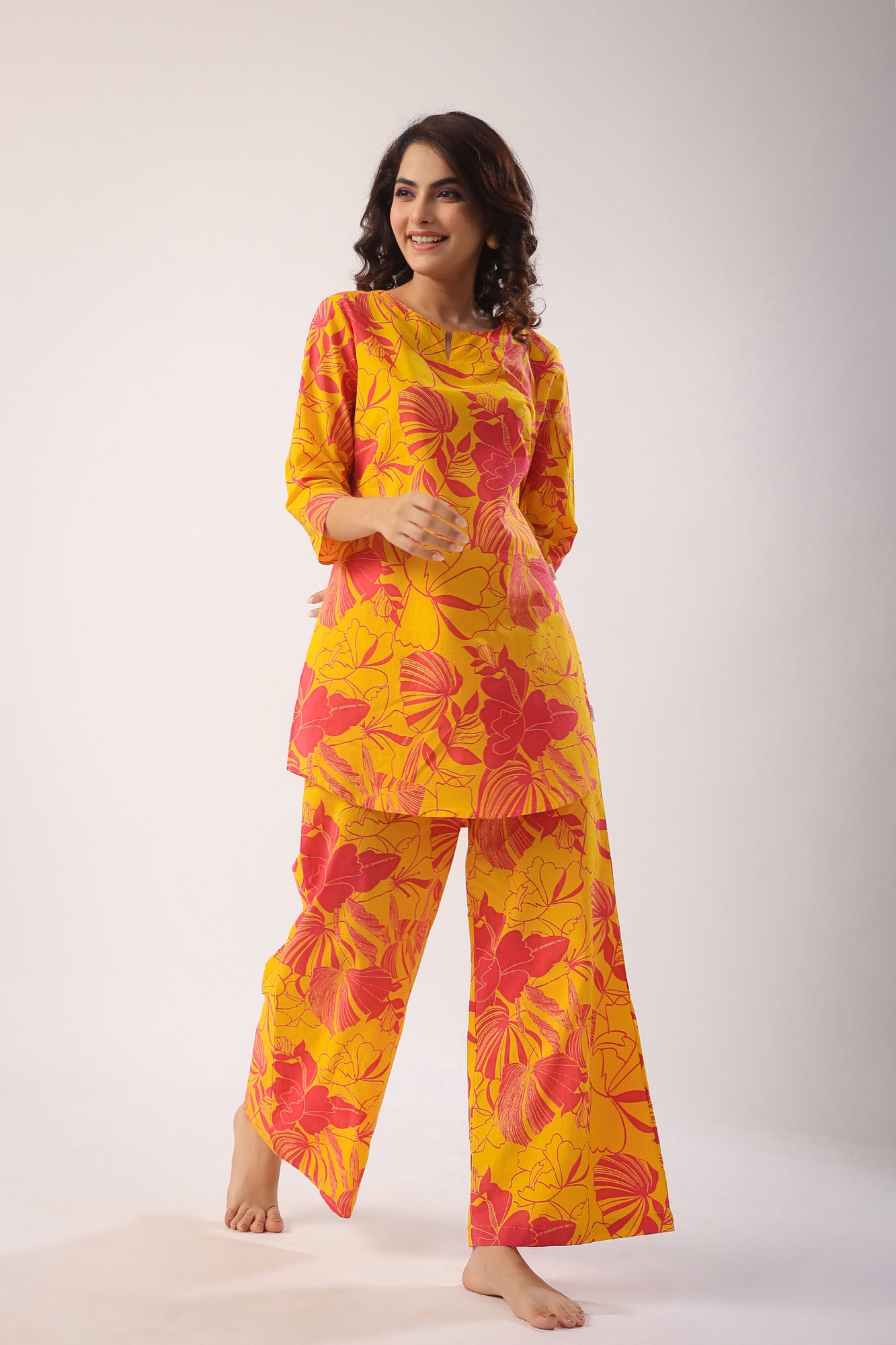 Abstract Art On Mustard Cotton Palazzo Loungewear Set