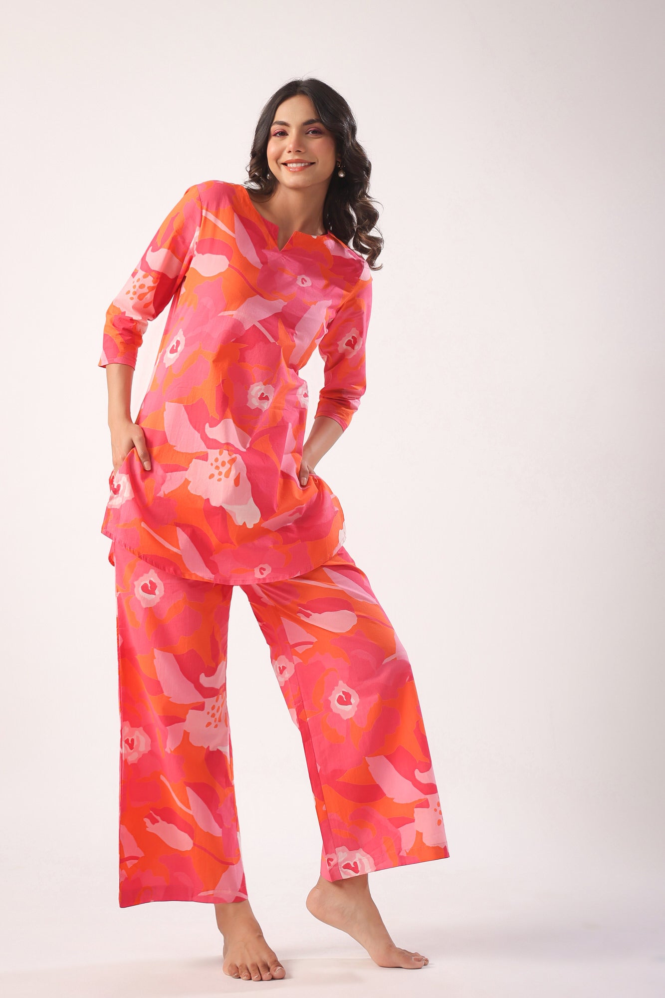 Paint Strokes on Orange Cotton Palazzo Loungewear Set