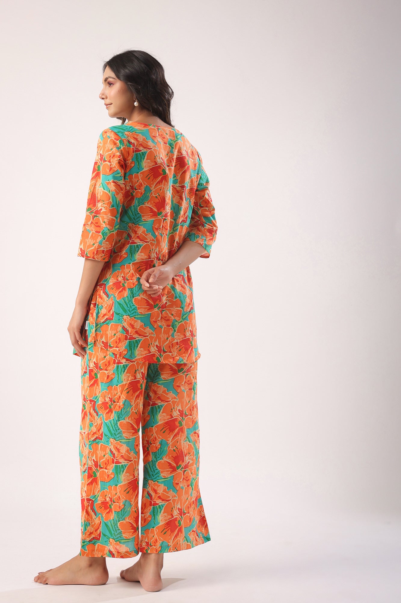 Orange Blooms on Sky Blue Cotton Palazzo Loungewear Set