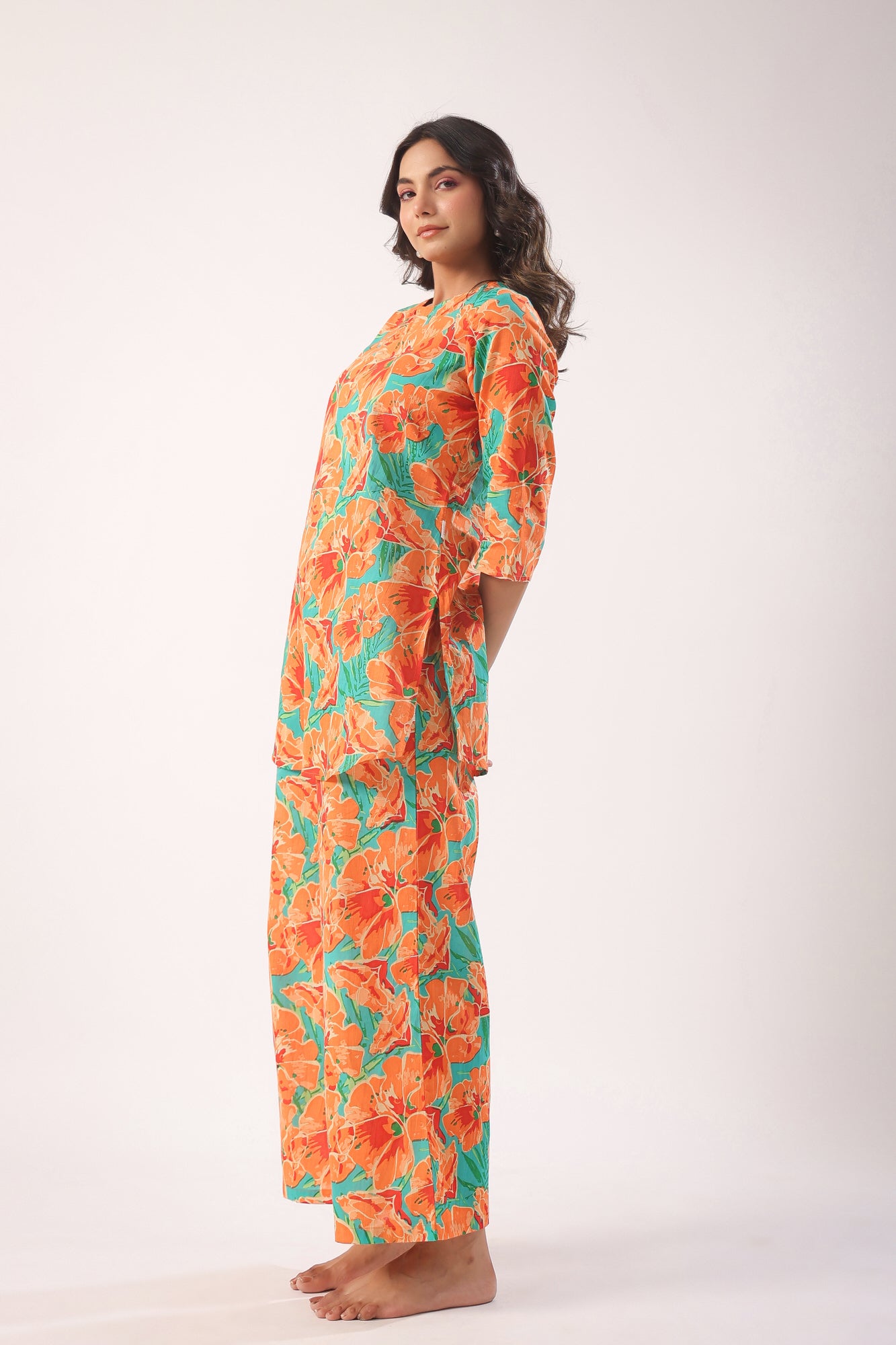 Orange Blooms on Sky Blue Cotton Palazzo Loungewear Set