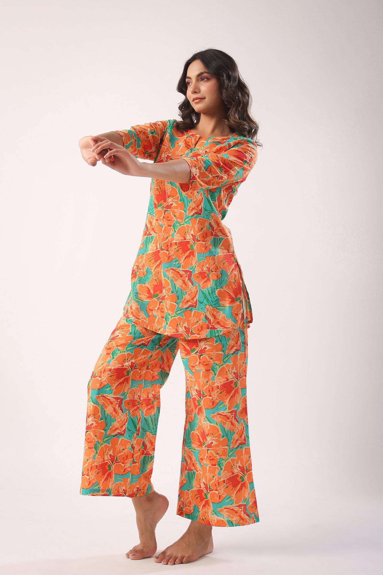 Orange Blooms on Sky Blue Cotton Palazzo Loungewear Set