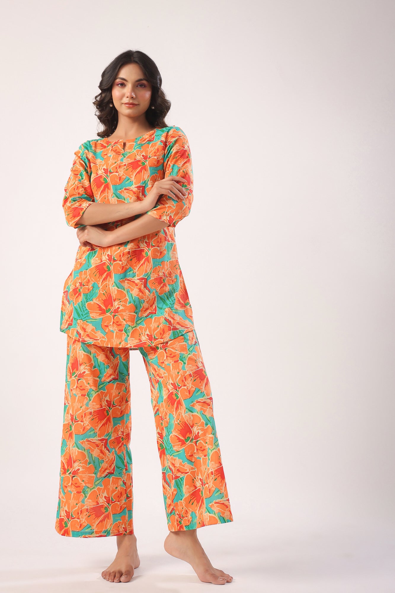 Orange Blooms on Sky Blue Cotton Palazzo Loungewear Set
