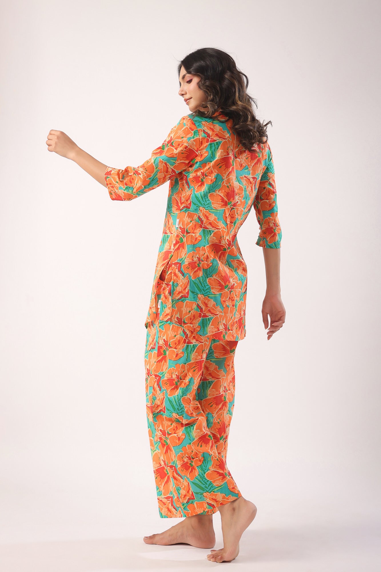 Orange Blooms on Sky Blue Cotton Palazzo Loungewear Set