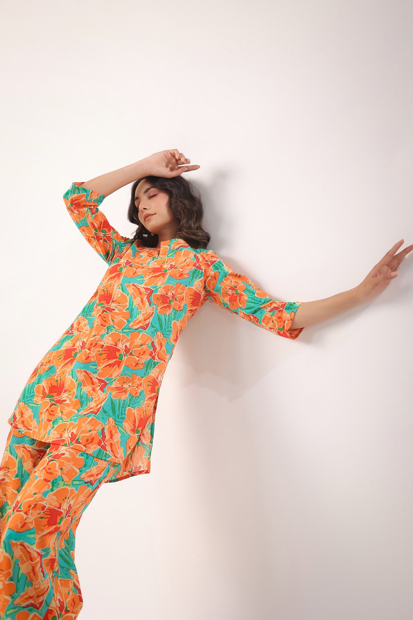 Orange Blooms on Sky Blue Cotton Palazzo Loungewear Set