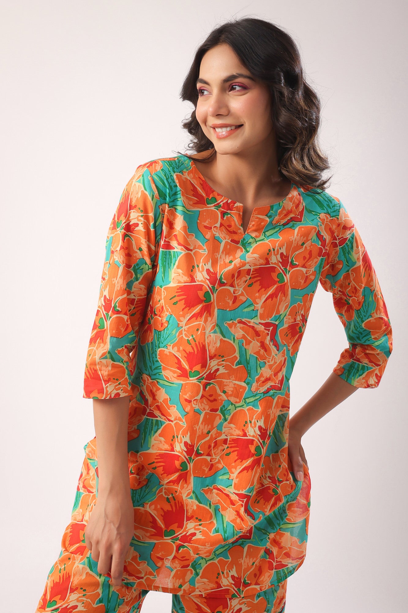 Orange Blooms on Sky Blue Cotton Palazzo Loungewear Set