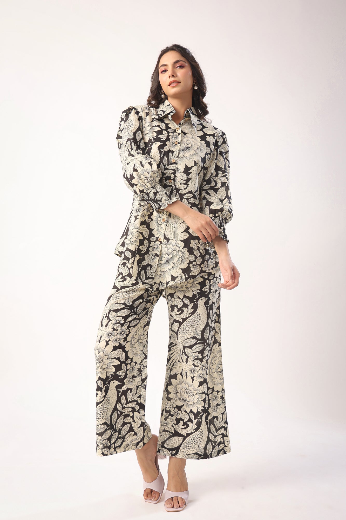 Bird Print on Black Lounge Cotton Co-ord Set