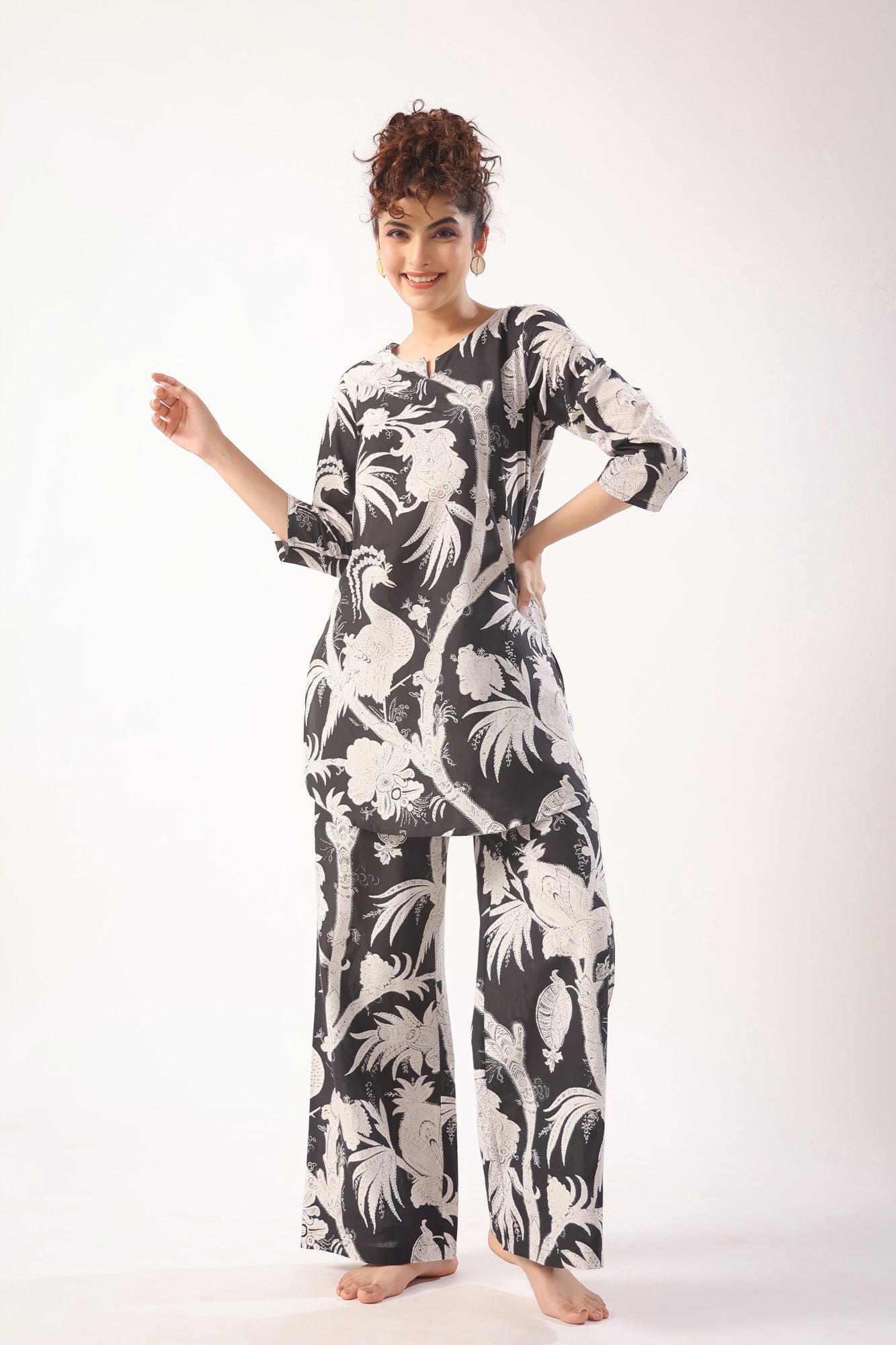 Bird Print On Black Cotton Palazzo Loungewear Set