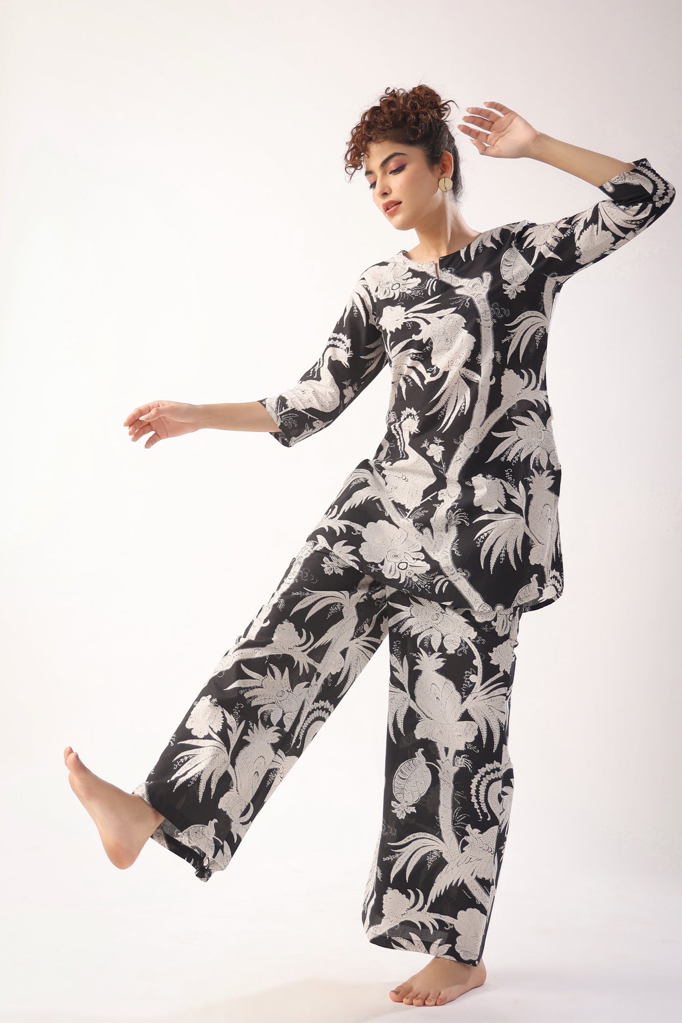 Bird Print On Black Cotton Palazzo Loungewear Set