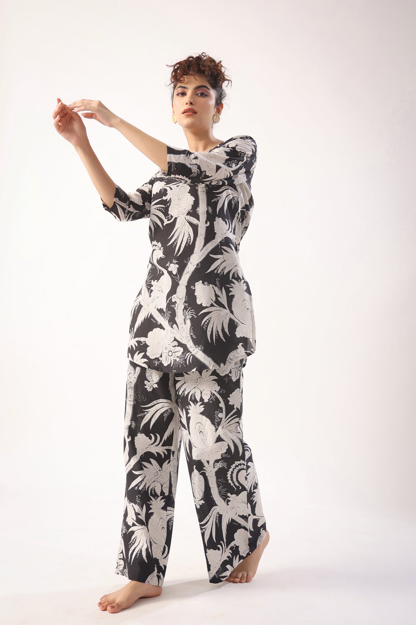 Bird Print On Black Cotton Palazzo Loungewear Set
