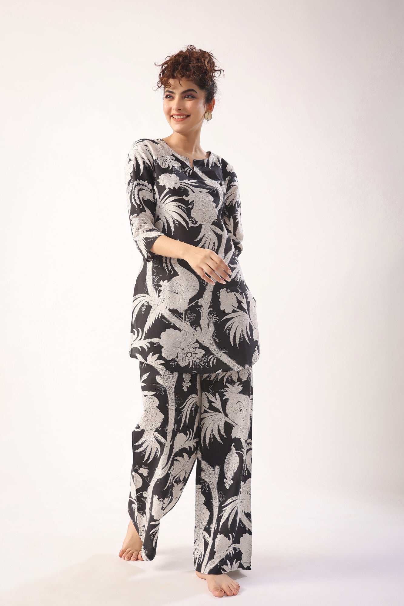 Bird Print On Black Cotton Palazzo Loungewear Set