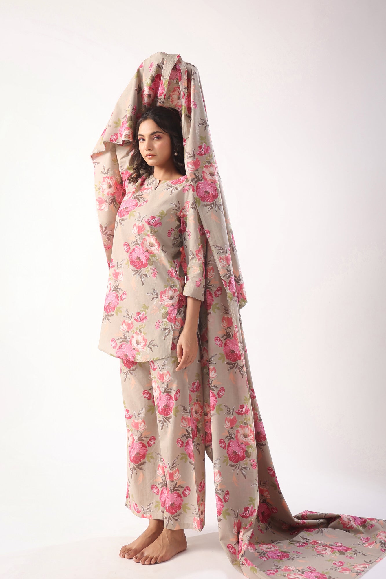 Floral Motifs On Grey Palazzo Cotton Loungewear Set