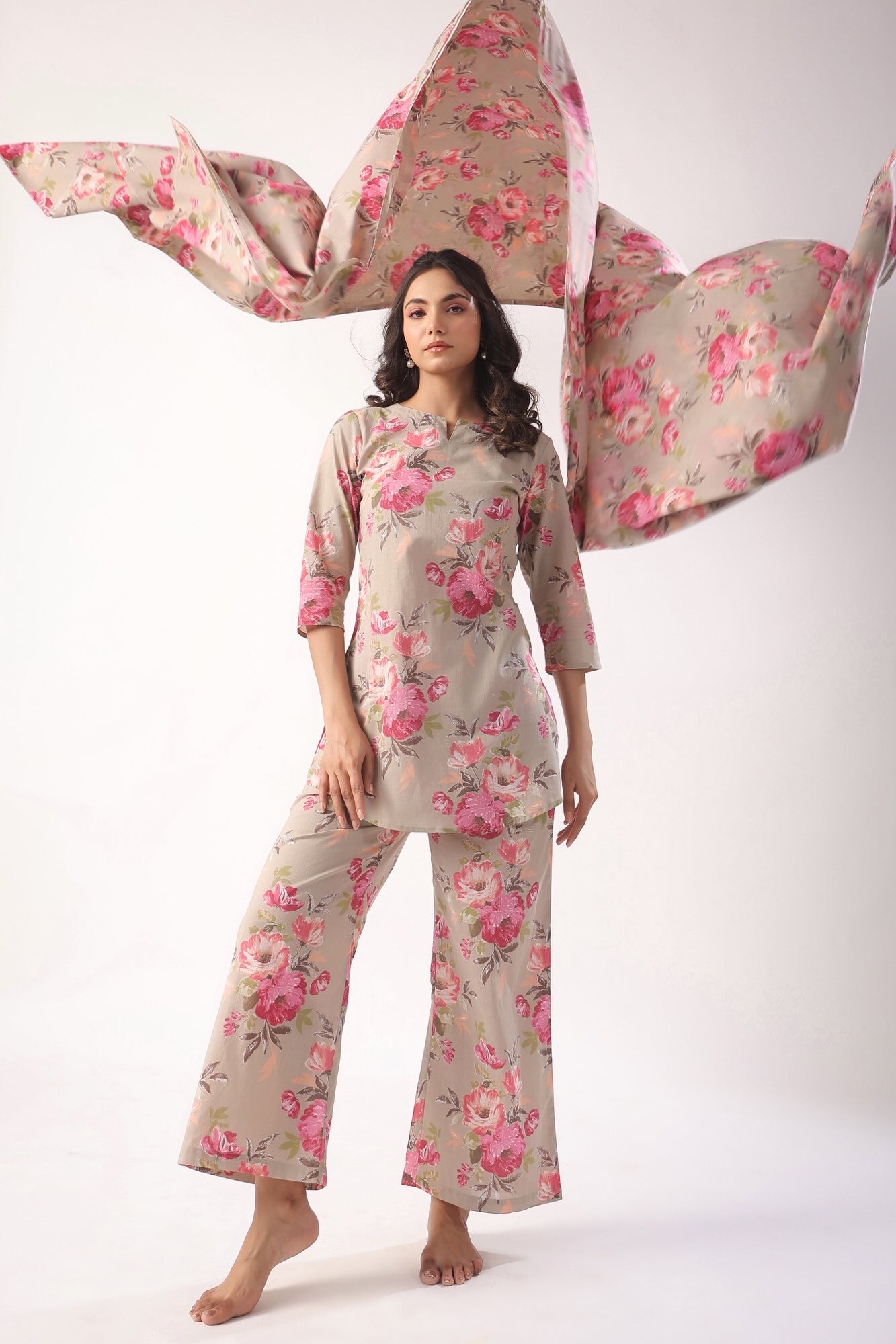Floral Motifs On Grey Palazzo Cotton Loungewear Set