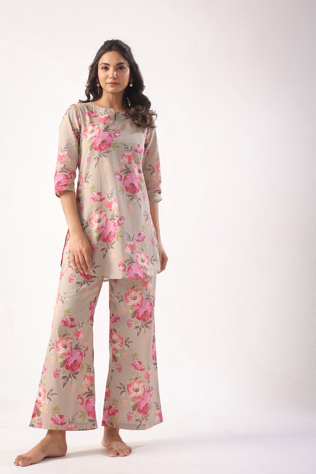 Floral Motifs On Grey Palazzo Cotton Loungewear Set