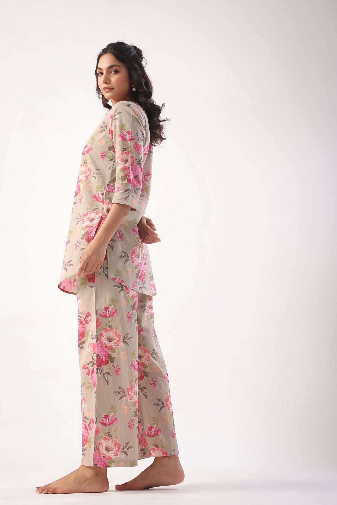 Floral Motifs On Grey Palazzo Cotton Loungewear Set
