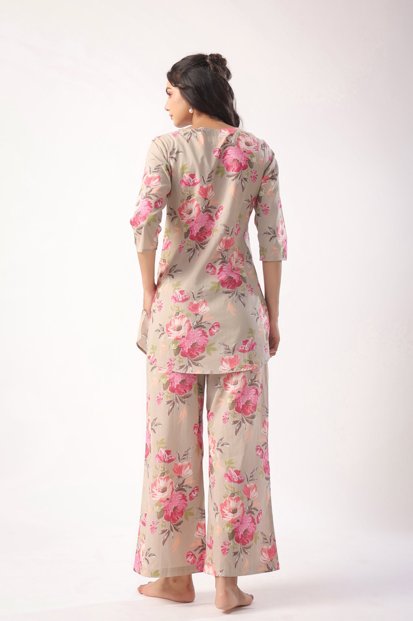 Floral Motifs On Grey Palazzo Cotton Loungewear Set