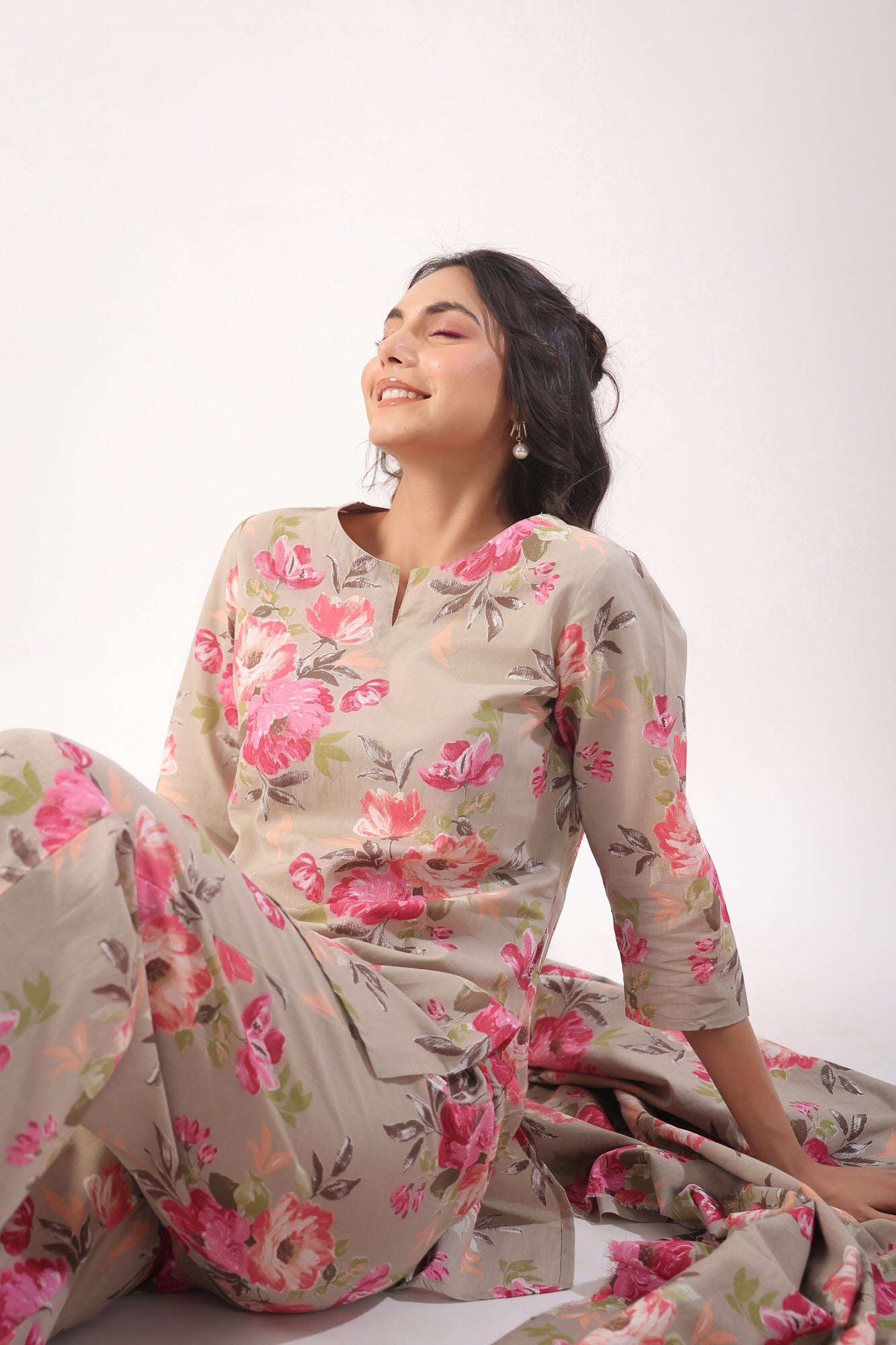 Floral Motifs On Grey Palazzo Cotton Loungewear Set