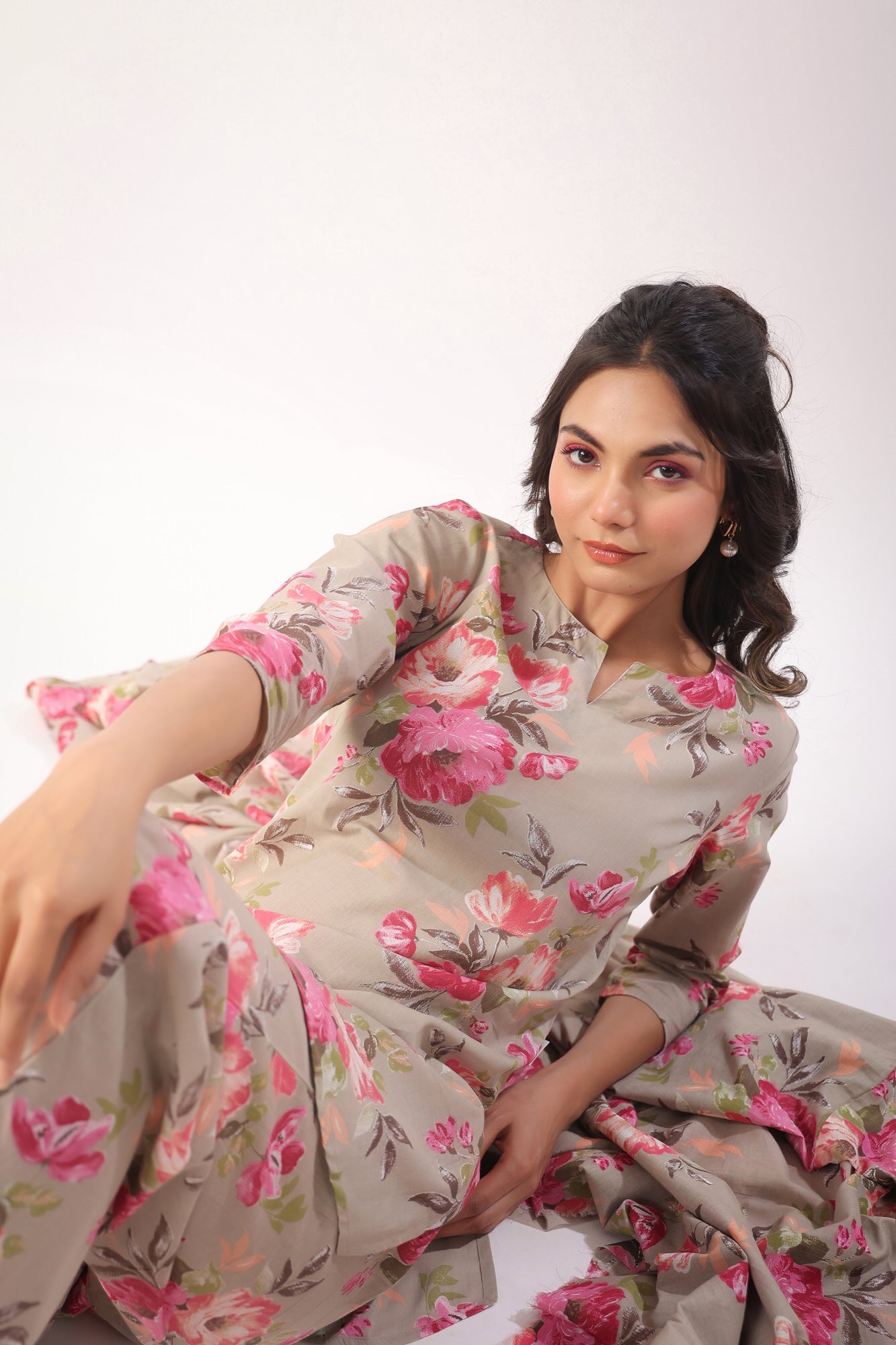 Floral Motifs On Grey Palazzo Cotton Loungewear Set