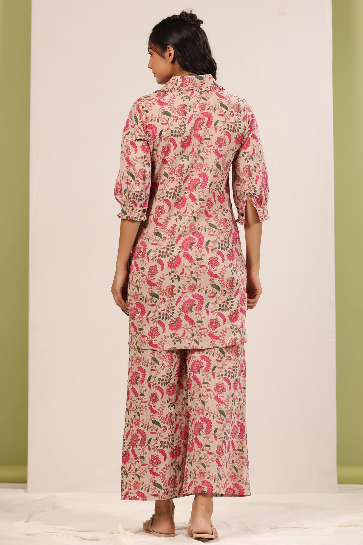 Floral Jaal on Beige Cotton Palazzo Loungewear Set