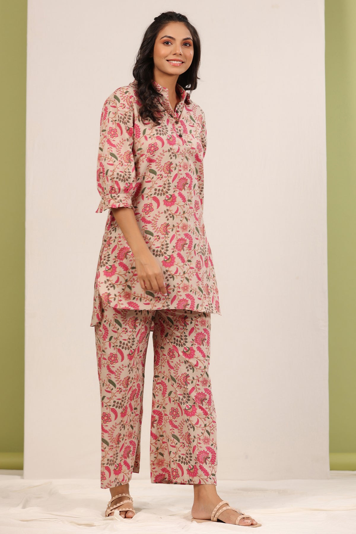 Floral Jaal on Beige Cotton Palazzo Loungewear Set