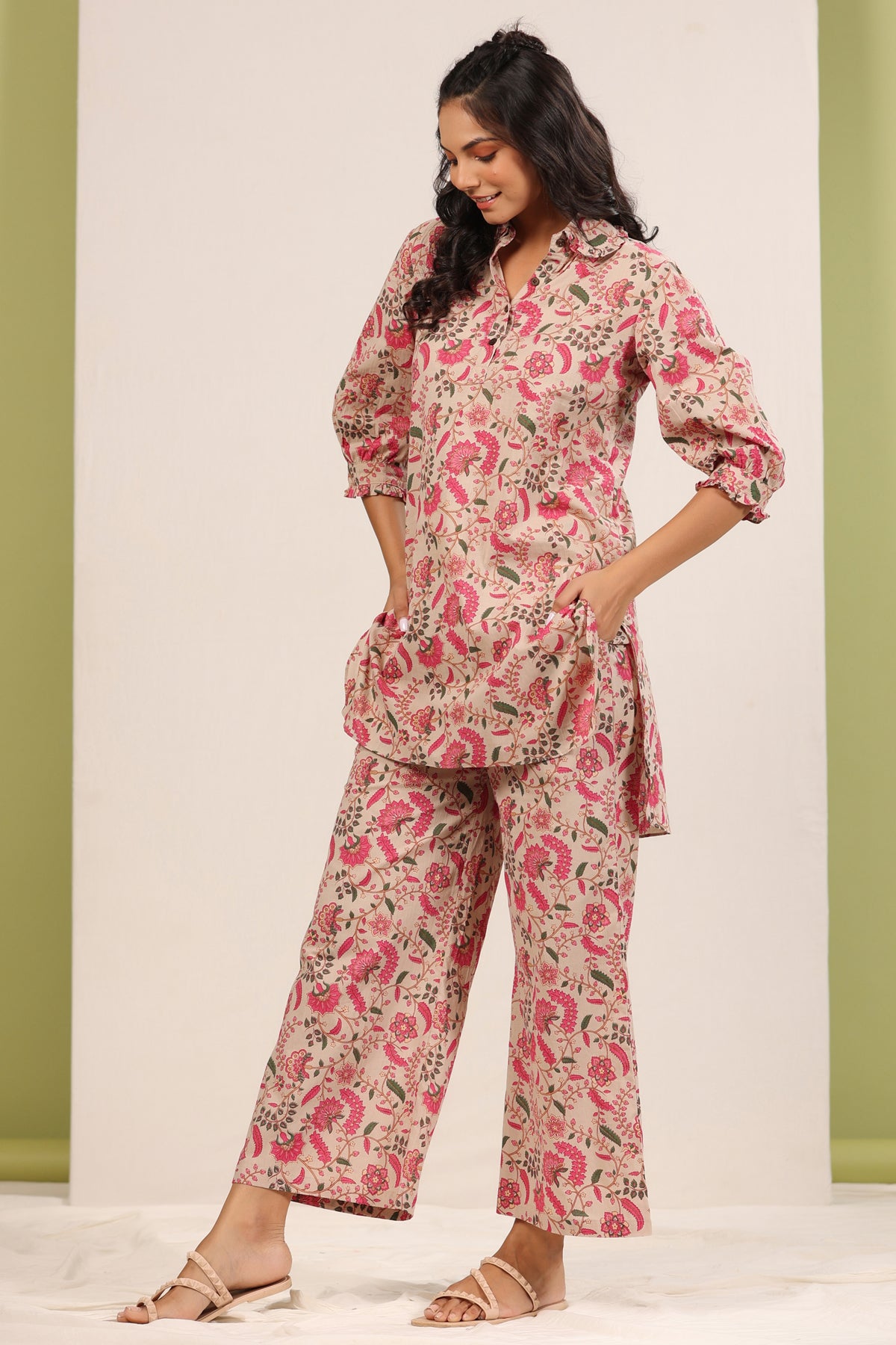 Floral Jaal on Beige Cotton Palazzo Loungewear Set