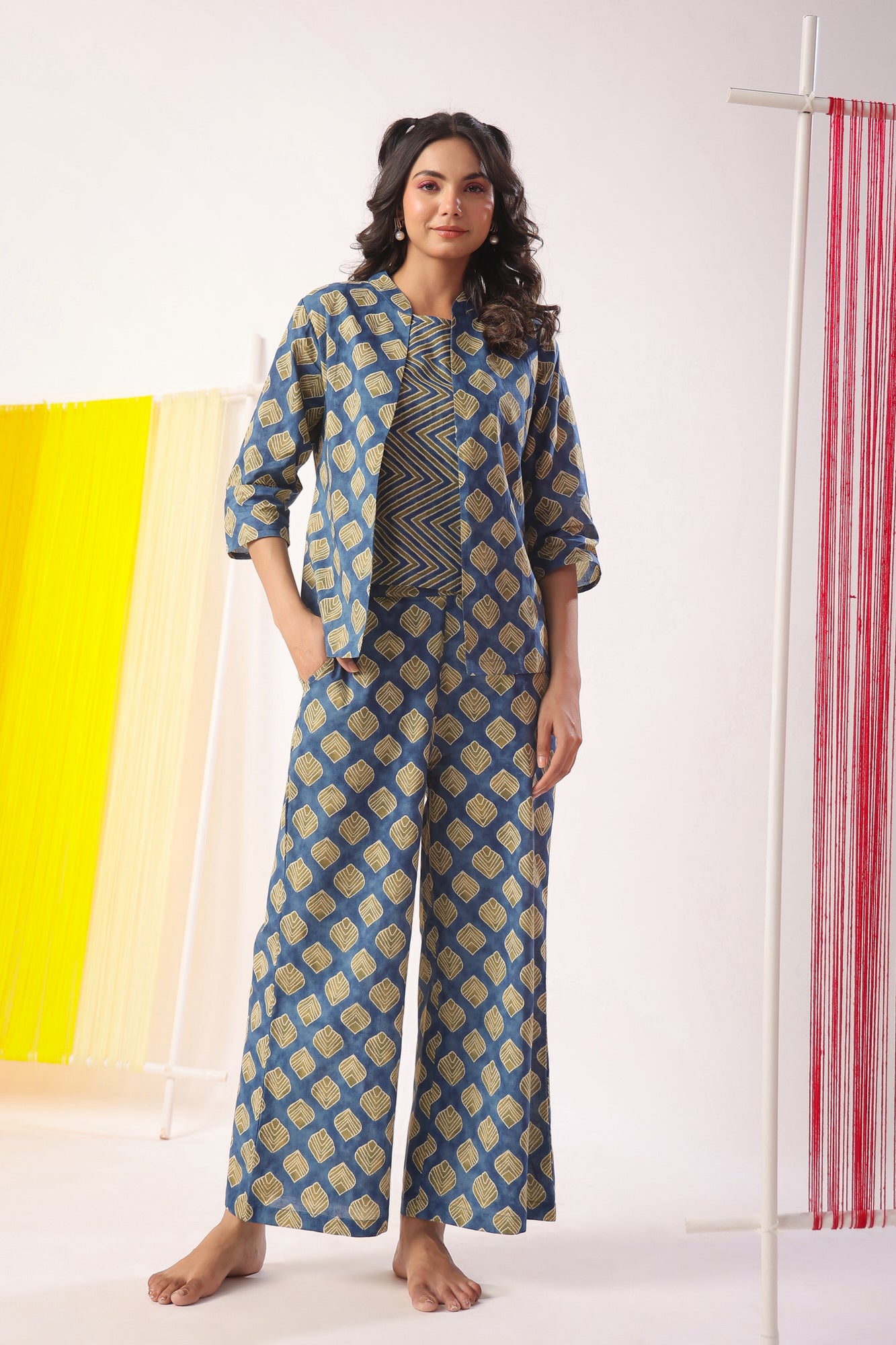 Mimosa Delight on Indigo Three Piece Cotton Set