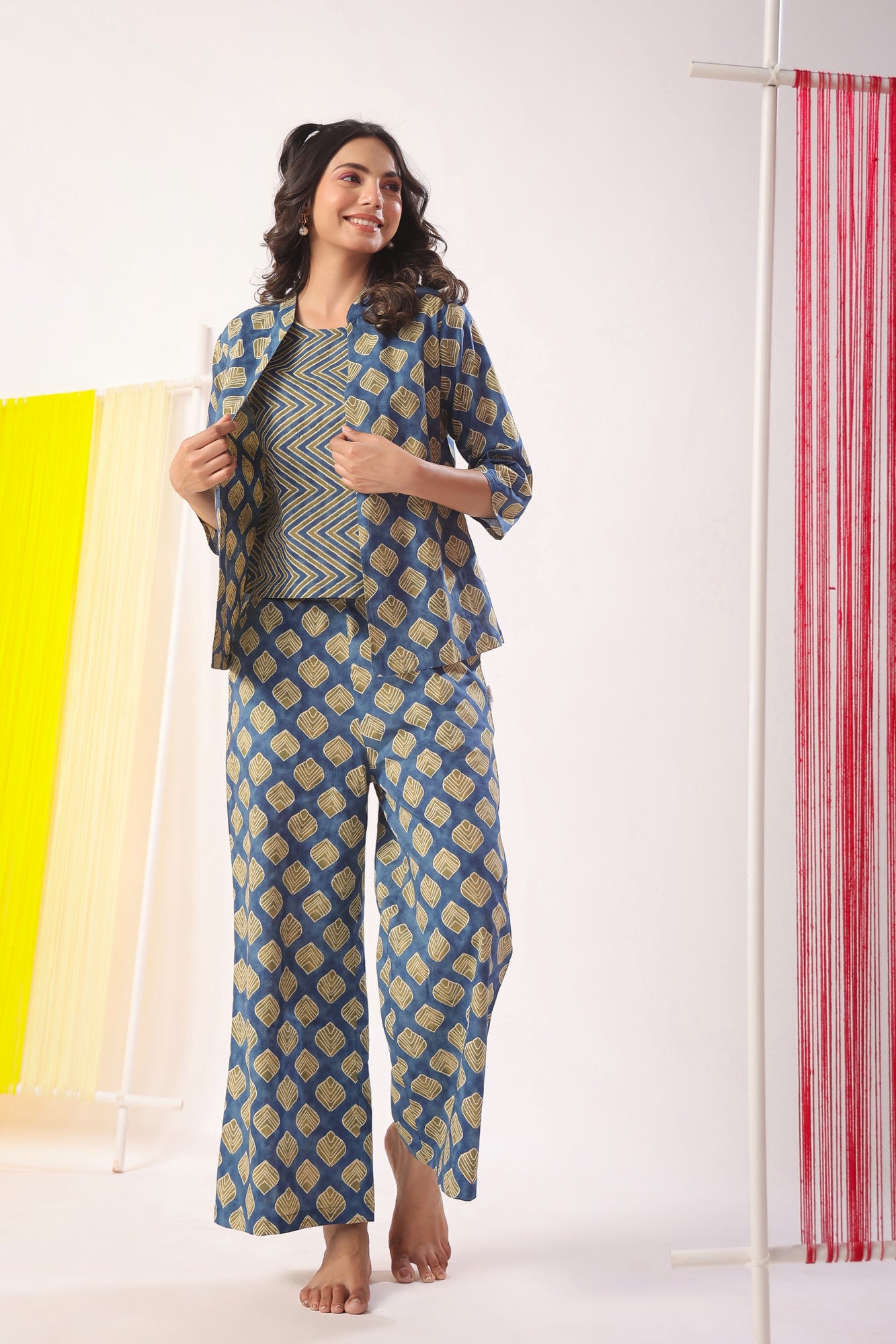 Mimosa Delight on Indigo Three Piece Cotton Set